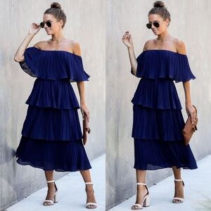 Just Me Navy Blue Tiered Pleated Off the Shoulder Midi Dress size Small